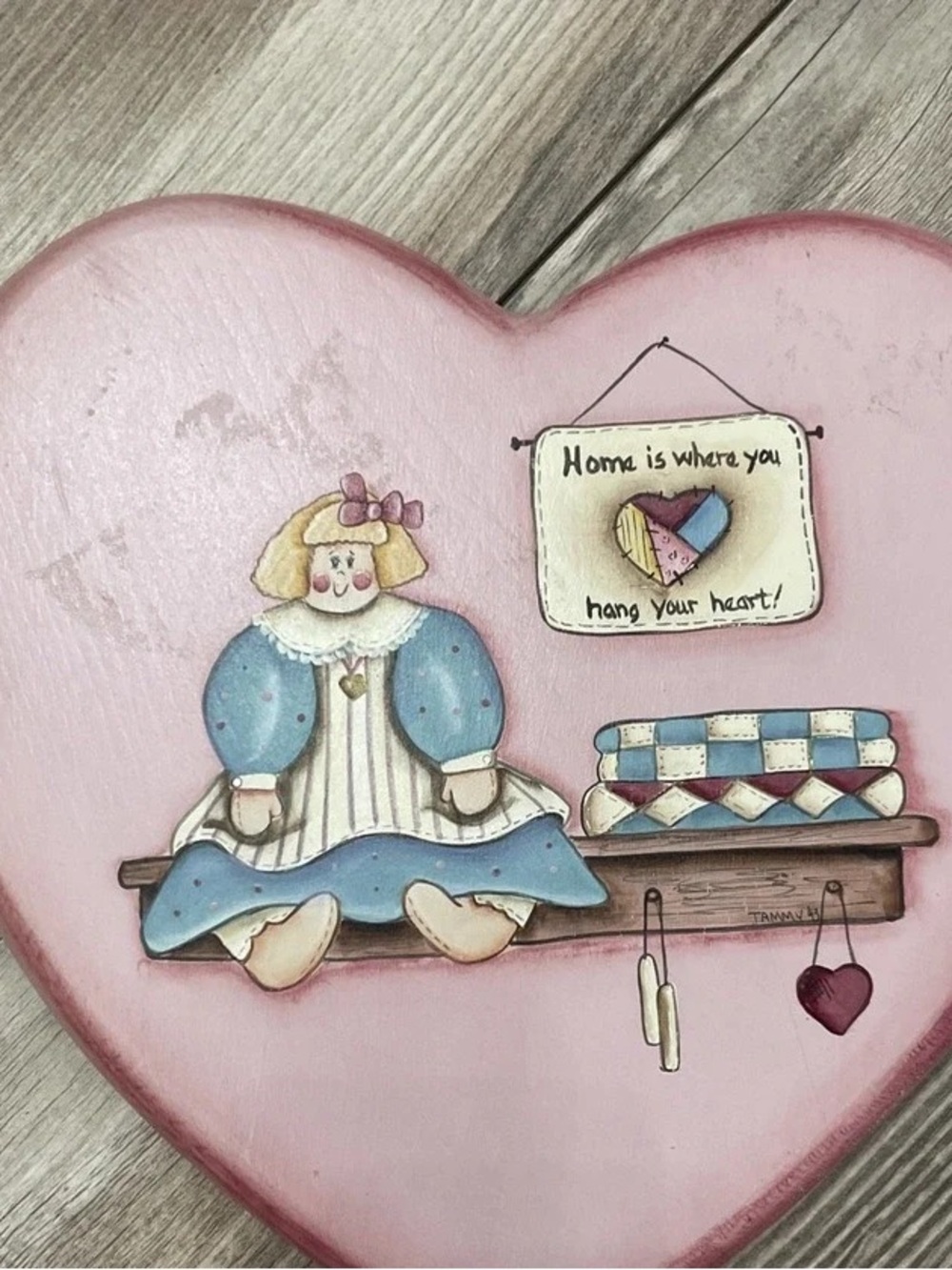 Pink Heart Wall Plaque with Blue Doll Illustration